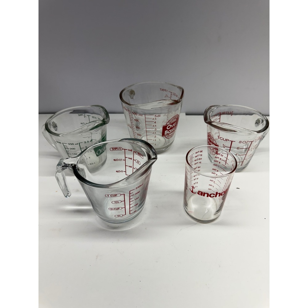 Anchor Hocking Oven Basics Glass Measuring Cup Lot 5pc Assorted Sizes Clear Red